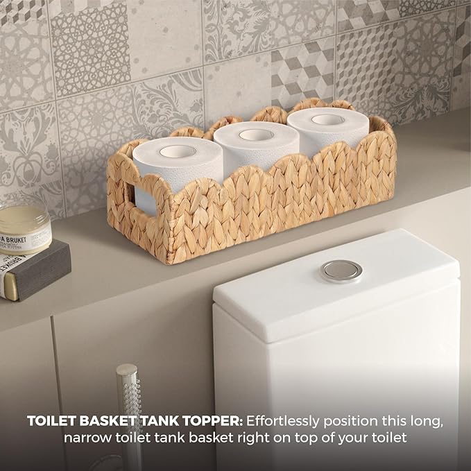 Handwoven Water Hyacinth Scalloped Countertop Storage Basket, Toilet Tank Basket for Bathroom, Scalloped Edge Wicker rectangle Basket for Toilet Paper Baskets, Vanity, Entryway, or Living Room (1pcs)