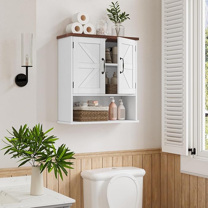 Bathroom Wall Cabinet with Barn Doors, Wall Mounted Bathroom Cabinet, Farmhouse Style, Adjustable Shelf, Wall Mounted Medicine Cabinets, White