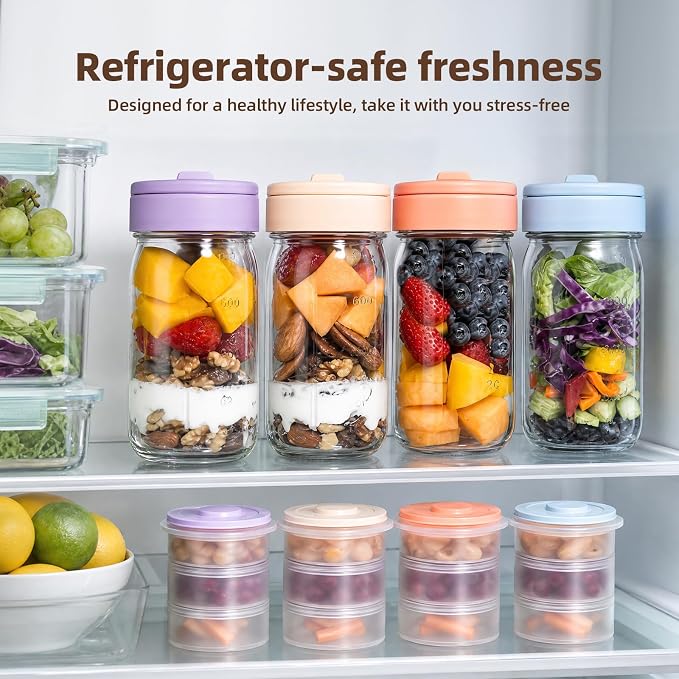TQRR 32 OZ 4 Pack Overnight Oats Containers with Lids, Glass Storage Jar with Dry and Wet Separation, Leakproof Wide Mouth Mason Jars, Glass Jars with a Handle for Salads,Yogurt (4, Multicolor)