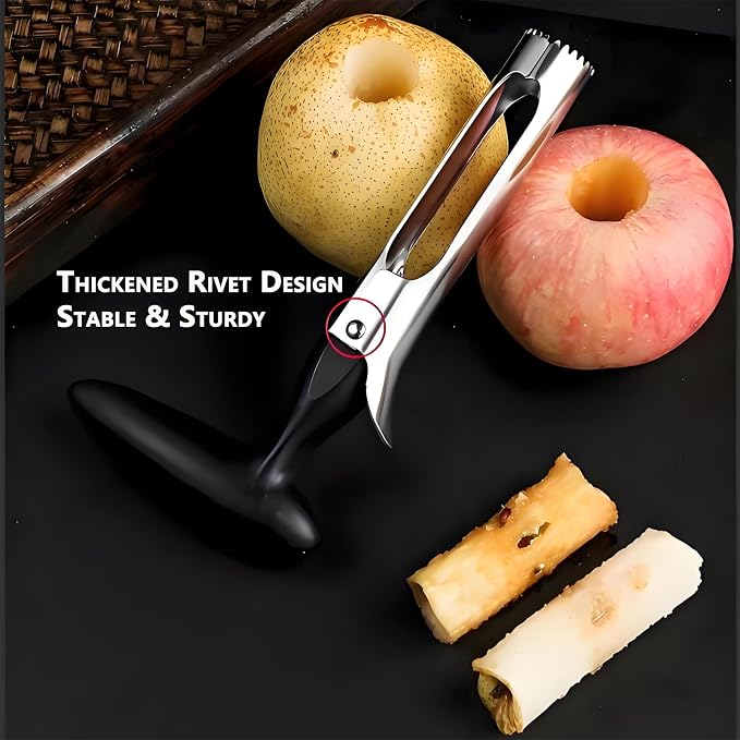 Stainless Steel Apple Corer, Instant Core Remover with Ergonomic Comfort-Grip Handle, Sharp Serrated Blade for Apples Pears Bell Peppers Jalapeños, Dishwasher Safe Kitchen Tool (Black)
