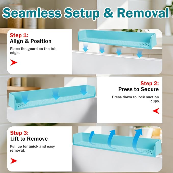 Bathtub Splash Guard for Tub Kids- 31" Extra Long Silicone Bath Play Shelf, Toy Tray & Caddy Holder, Prevent Water Spills & Messy Floors, Tub Edge Guard for Bathroom- Blue