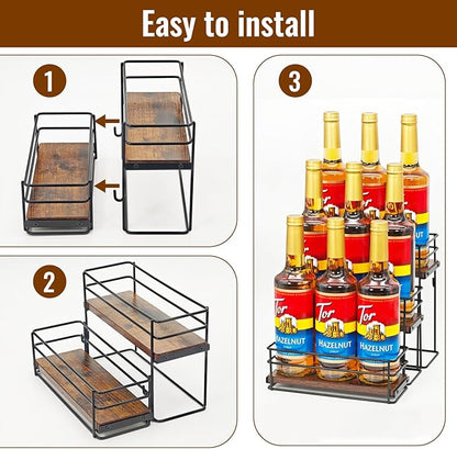 9 Bottle Coffee Syrup Organizer Rack, 3 Tier Coffee Syrup Bottle Stand Holder for Coffee Bar, Installation-free, Liquor Bottle Display Shelf, Coffee Syrup Shelf for Liquor Whiskey Wine Display