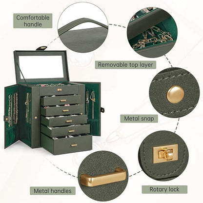 AKOZLIN 6-Tier Jewelry Box Organizer Functional 5 Drawers Leather Jewelry Storage Case for Women Girls Ring Necklace Earring Bracelet Holder Organizer with Mirror Extra Large Darkgreen