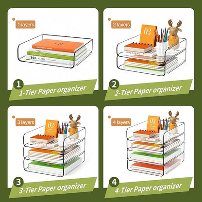 FANXIYQ 4-Tier Acrylic Paper Tray Organizer, Clear Stackable Desk File Organizer for Documents, Files, Letters, A4 Paper, Books, Notes, Mail & Paper Storage, Office Classroom Home