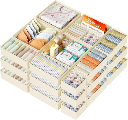 DIMJ Drawer Organizer Clothes, 26 Pack Dresser Organizer, Foldable Closet Organizers and Storage, Fabric Dresser Bins, Drawer Dividers for Nursery, Baby Clothes, Underwears, Sock (Beige)