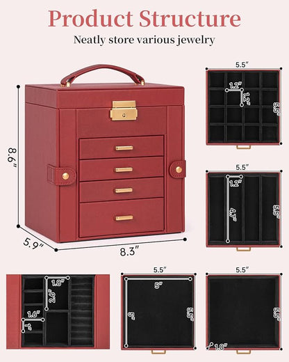 TORIBIO Jewelry Box for Women, Leather Jewelry Organizer with Mirror & Lock, 5-Tier Jewelry Storage Organizer with 4 Drawers for Girls/Women/Mothers, Necklace Earring Bracelets Holder Organizer