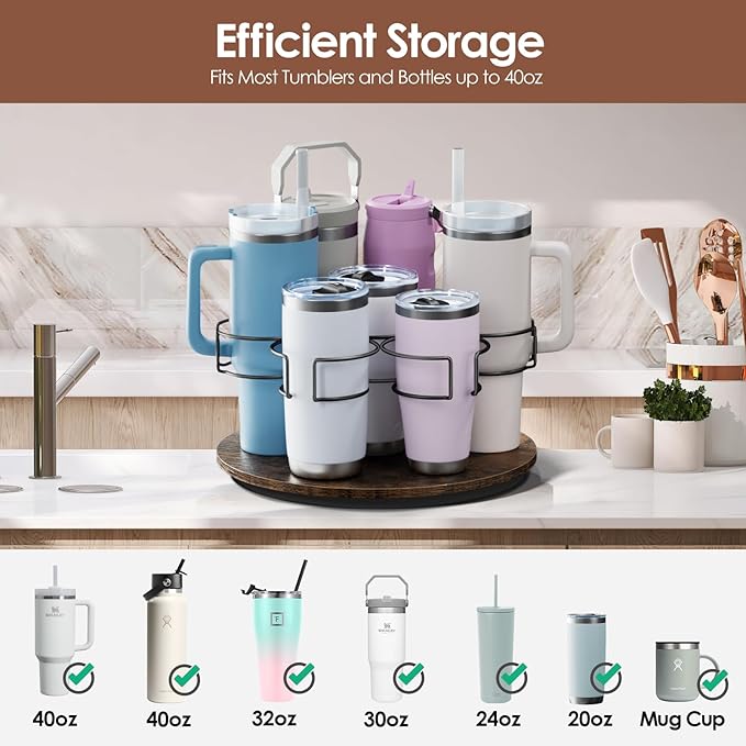 Water Bottle Organizer for Stanley 20/30/40oz, Rotating Cup Holder, Bottle Storage for Simple Modern Owala Yeti, Tumbler Lazy Susan, Vintage Brown