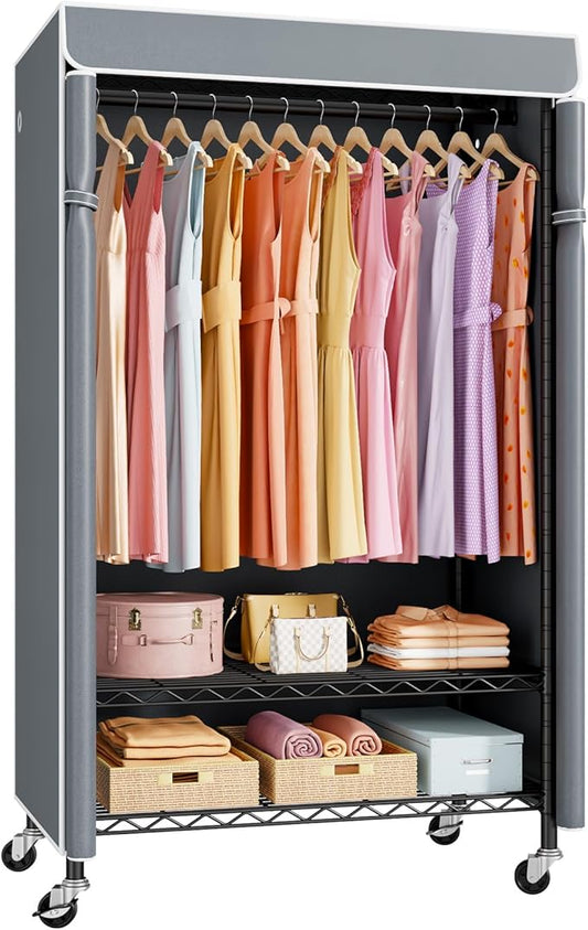 ULIFHOME P6C Rolling Clothes Rack with Cover, Covered Clothing Racks Heavy Duty, Portable Closet for Hanging Clothes, Garment Racks on Wheels, Black Closet Rack with Gray Cover, Max Load 365LBS