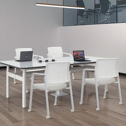 CLATINA Stacking Office Chairs with Wheels | Mesh Back, Thicken Leather Seat and Streamline Armrests, Ergonomic Lumber Support | School, Desk, Guest Reception, Waiting, Conference | Set of 4, White