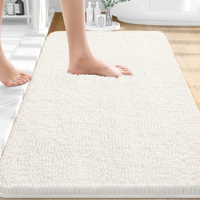 OLANLY Bathroom Rugs 32x20, Extra Soft Absorbent Chenille Bath Rugs, Rubber Backing Quick Dry, Machine Washable Bath Mats for Bathroom Floor, Tub and Shower, Home Decor Accessories, Ivory