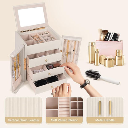 Dajasan Large Jewelry Box for Women, Jewelry Organizer Box with 3 Drawers, Jewelry Storage Organizer with Mirror for Necklace Ring Bracelet Watch, Gift Idea (Beige)