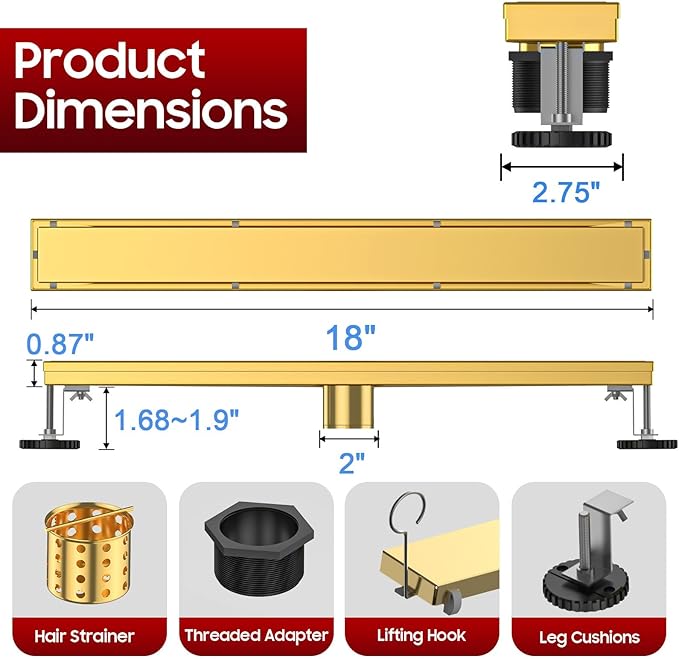 DLONE Linear Shower Drain | 18" AISI 304 Stainless Steel Shower Drain, Brushed Gold Linear Drain with Tile Insert Panel & Adjustable Feet, Long Rectangle Shower Floor Drain in Bathroom, Balcony etc