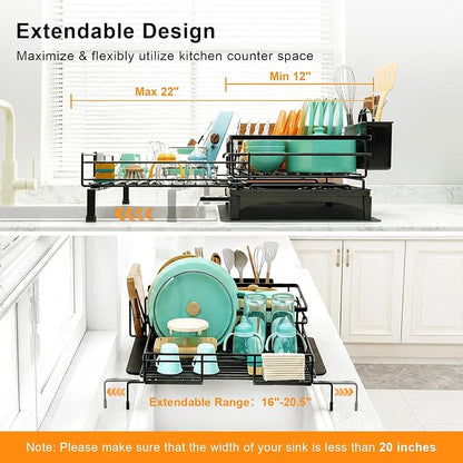 4-in-1 Extendable Dish Drying Rack, Large Capacity Modular Organizer System, Tool-Free Dish Drainer with Self-Draining Tray, Universal Fit & Rust-Resistant Dish Racks for Kitchen Counter