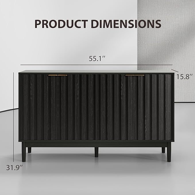 Fluted Cabinet with Storage, Buffet Cabinet Sideborad with 4 Doors, Black Buffet Storage Accent Cabinets with Adjustable Shelves for Living Room, Entry, Hallway, Kitchen