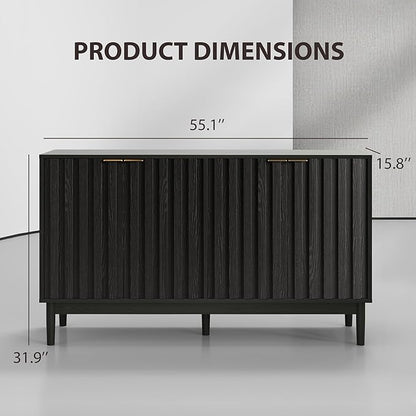 Fluted Cabinet with Storage, Buffet Cabinet Sideborad with 4 Doors, Black Buffet Storage Accent Cabinets with Adjustable Shelves for Living Room, Entry, Hallway, Kitchen