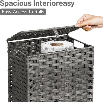 Toilet Paper Storage Basket with Lid and Wheels, Rattan Toilet Paper Holder Storage, Toilet Paper Organizer for Bathroom, Bedroom, Kitchen, 12.6”L x 7.1”W x 17.14”H, Grey
