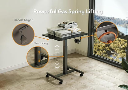 YDN Mobile Mobile Standing Desk, Adjustable Height Portable Laptop Desk with Lockable Wheels, 25.5" x 18.8" Rolling Desk with Hook for Computer Workstation, Black