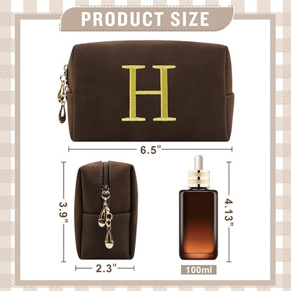 Personalized Initial Makeup Bag,Preppy Suede Cosmetic Bag for Teen Girls,Small Monogram Travel Toiletry Bag With Gold Embroidered Letter,Trendy Stuff Custom Christmas Gift for Women(Coffee-H)