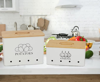 Potato and Onion Storage Bin Set of 2, Vented Metal Vegetable Storage with Wooden Lids, Farmhouse Kitchen Canisters for Countertop Pantry Organizer, Potato Bin Onion Holder for Produce Storage, White
