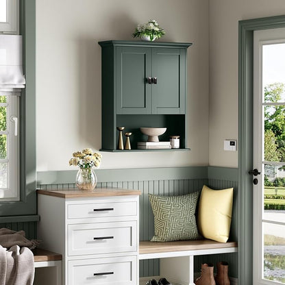 Bathroom Wall Cabinet, Wooden Medicine Cabinet Above Toilet Storage Cabinet with Doors and Adjustable Shelf Wall Mounted Storage Organizer Cabinet Over Toilet Cabinet (Forest Green)