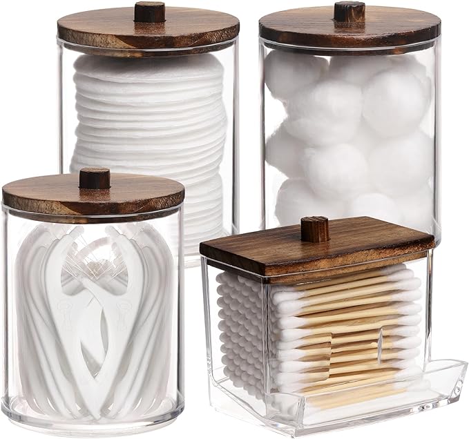 Tbestmax 4 Pack Qtip Holder Bathroom Container, 10/7oz Cotton Ball/Swabs Dispenser, Apothecary Jar with Bamboo Lids for Organizer and Storage (Brown)