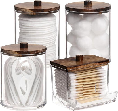 Tbestmax 4 Pack Qtip Holder Bathroom Container, 10/7oz Cotton Ball/Swabs Dispenser, Apothecary Jar with Bamboo Lids for Organizer and Storage (Brown)