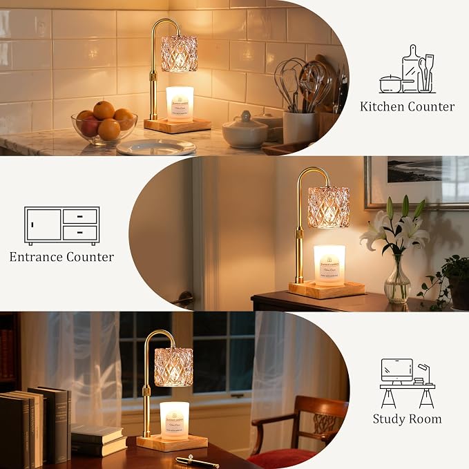 Hong-in Candle Warmer Lamp with Timer -Dimmable Adjustable Height Wax Melt Warmer for Jar Candles,Vintage Home Decor with Elegant Amber Glass,Birthday Gifts for Women, Mom, Friend, Sister