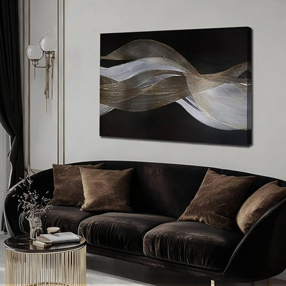 ZENPEE Modern Gold and White Wave Wall Art, Hand Painted on Canvas, Black Background, Textured Wall Art, Framed, Ready to Hang, Contemporary Decor for Living Room Office 32x40 In
