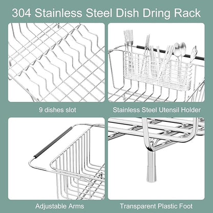 JAQ Dish Drying Rack in-Sink, 304 Stainless Steel Dish Drainer with Stainless Steel Silverware Holder Over Inside Sink-Adjustable 15.08" to 22.4" Maximium 13 Upright Dishes