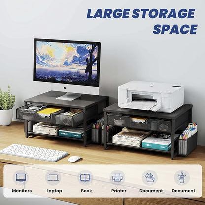Metal Desktop Printer Stand with Storage Drawer & 2 Pen Holders,2 Tier Home Printer Riser Shelf for Desk with Paper Holder Storage,Multi-Purpose Office Desk Organizer