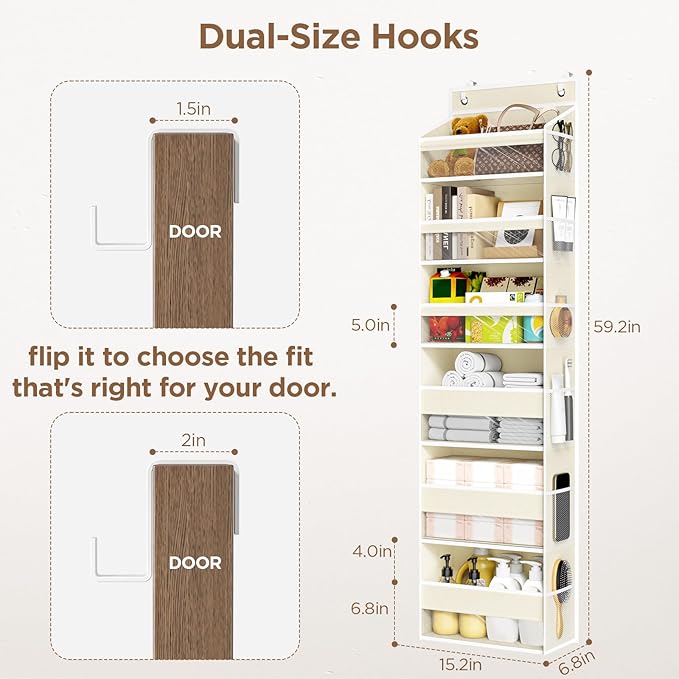 Mefirt 6 Tiers Over The Door Organizer, Heavy Duty Hanging Organizer Storage with Large Capacity Pockets, Behind Door Storage Hanging Shelves for Closet Wall Bathroom Bedroom Nursery Pantry, 1 Beige