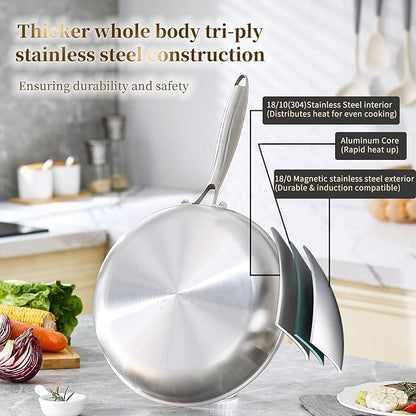 DELARLO Tri-ply Stainless Steel Frying Pan Set with Lid 8" 12" Induction large Skillets Chef's Pan,Pots and Pans Set Kitchen Cookware Set Suitable for All Stove
