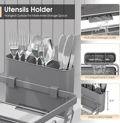 Dish Drying Rack for Kitchen Counter, Sink Dish Rack with Drainboard, Large Dish Drainer with Cups Holder, Home Countertop Plate Dryer Storage Rack with Cutlery Holder, Gray