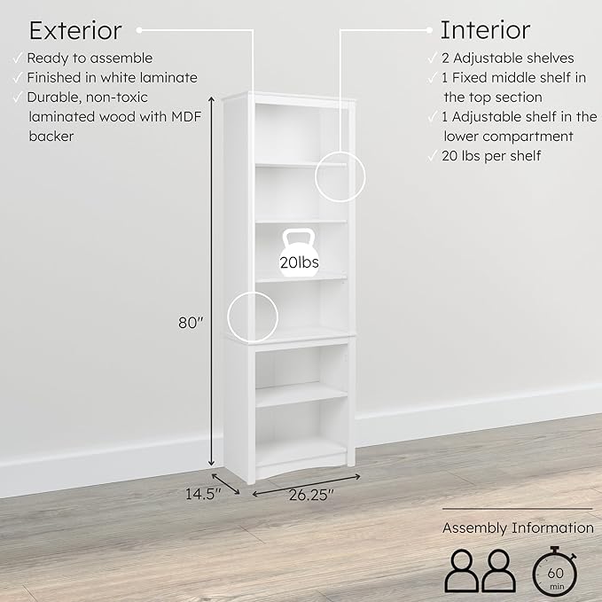 Prepac Sonoma Tall 6-Tier Bookcase 80"H with 2 Adjustable Shelves, White Storage Cabinet, Modern Display Cabinet, Bookshelf with Storage Shelves for Home Office, Living Room, Bedroom Organizer