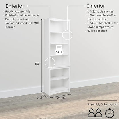 Prepac Sonoma Tall 6-Tier Bookcase 80"H with 2 Adjustable Shelves, White Storage Cabinet, Modern Display Cabinet, Bookshelf with Storage Shelves for Home Office, Living Room, Bedroom Organizer