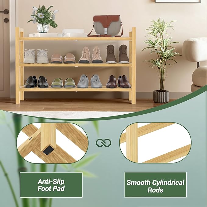 Haddockway Bamboo Shoe Rack for Closet, Free Standing Shoe Organizer with Smooth Round Rods & Convenient Handles, Stackable Shoe Storage Shelf for Entryway, Hallway(Natural, 3-Tier)