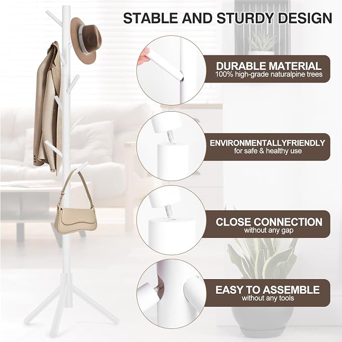 WANGMUXIA 2 PCS Coat Rack, Freestanding Coat Rack with 8 Hooks and 3 Adjustable Size Tree Coat Racks for Bedroom, Hallway, Entrance, Office, for Hats, Coats, Scarves, Handbags