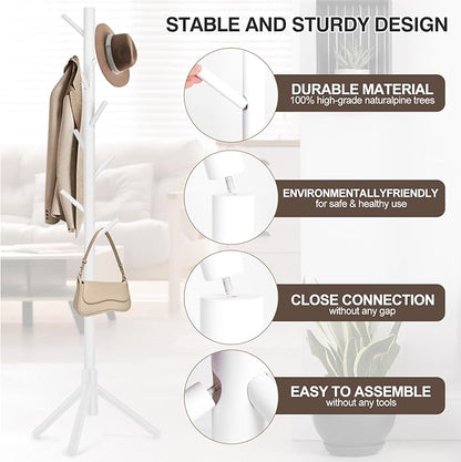 WANGMUXIA Coat Rack, Freestanding Coat Rack with 8 Hooks and 3 Adjustable Size Tree Coat Racks for Bedroom, Hallway, Entrance, Office, for Hats, Coats, Scarves, Handbags