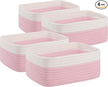 OIAHOMY 4 Pack Storage Baskets for Organizing, Small Bins for Shelves, Cute Decorative Storage Bins, Organizer Baskets for Gifts Empty, 11.8''Lx7.8''Wx4.7''H, Pink/White