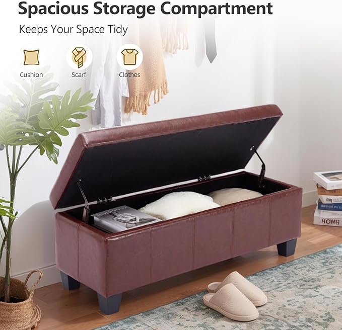 41" Storage Ottoman Bench, Faux Leather Storage Foot Rest with Safety Hinge, Load up to 660 lb Upholstered Tufted Entryway Bench with Seating for Living Room, Bedroom, Brown