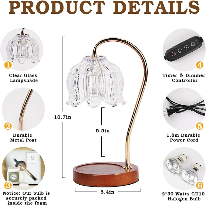 Funistree Flower Candle Warmer Lamp with Timer, Dimmable Candle Lamp Warmer, Christmas Birthday Gifts for Women Mom Her, Housewarming Home Decor, Lotus Wax Warmer for Yankee Candles - Clear Lily