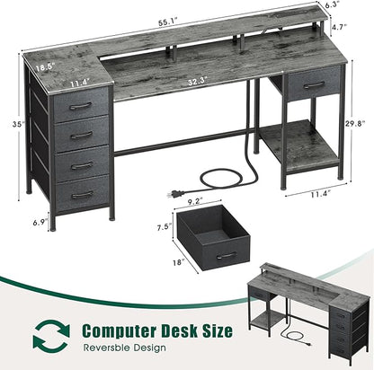 55 Inch Computer Gaming Desk with Power Outlets LED Lights, Reversible Home Office with Adjustable Fabric Storage Drawers for Working Writing Study, Grey