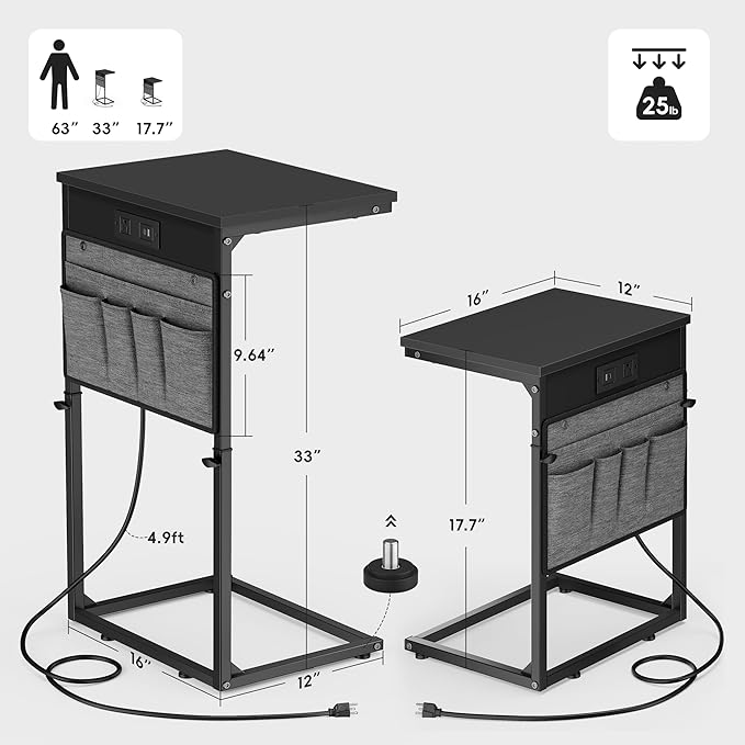 Vagusicc C Shaped End Table with Charging Station, Tall C Table End Table Adjustable Height Side Table for Couch, Small Couch Table Slide Under Sofa Table TV Tray Table for Living Room, Bedroom, Black