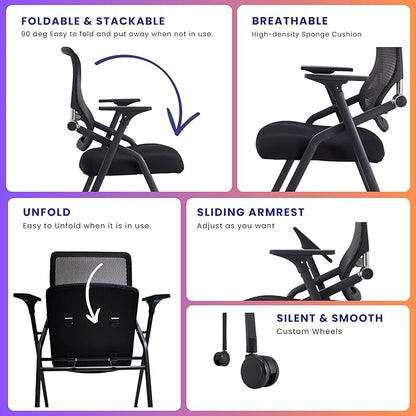 2 Pack Stackable & Foldable Conference Room Chairs with Lumbar Support, Armrest - Ergonomic Mesh Bouncing Back for Office Meeting, Conference, Reception and Training Room Chair