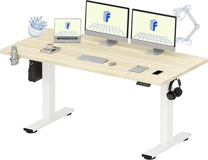 FLEXISPOT 63x32 Inch Electric Large Standing Desk for Home & Office, Spacious Splice Board Desk with Cable Management & Organizer, Cup Holder & Hook, White Wood Grain