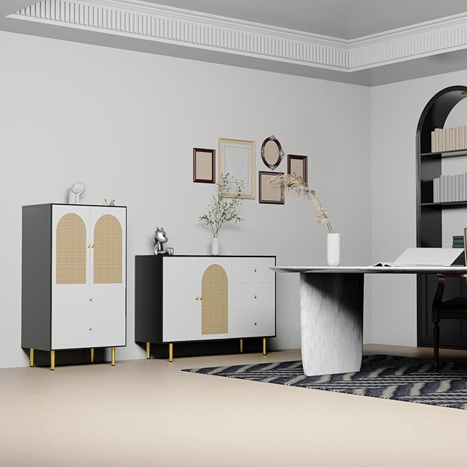 Sideboard with 2 Rattan Doors and 3 Drawers, Buffet with Adjustable Shelf for Kitchen, Living Room