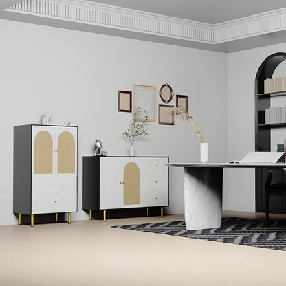 Sideboard with 2 Rattan Doors and 3 Drawers, Buffet with Adjustable Shelf for Kitchen, Living Room