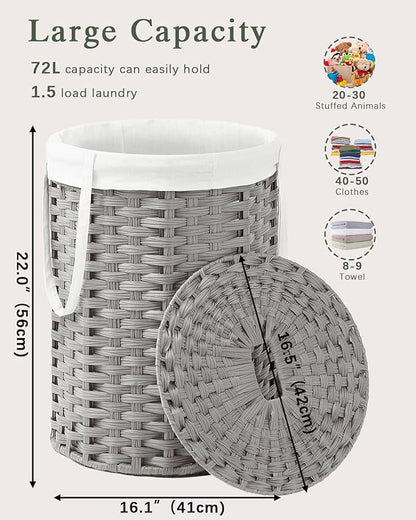 SETVSON Laundry Hamper with Lid Laundry Basket with Lid 19.0 Gal (72 L) Round Laundry Basket Handwoven Rattan Basket with Lid Removable Bag 2 Mesh Bags Handles for Living Room Bathroom Gray