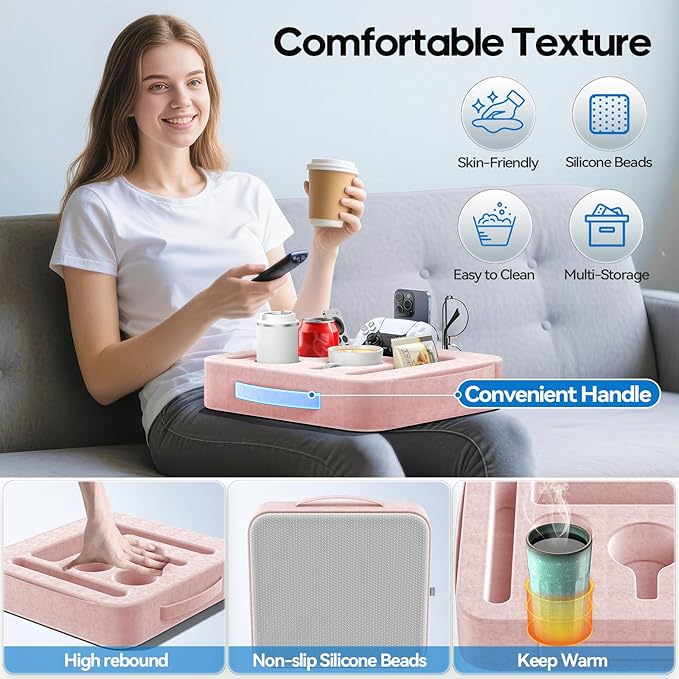 Couch Cup Holder Tray, Couch Caddy for Drink, Snack, Phone, Remote, Ipad, Game Controller, Large-size Sofa Cup Holder for Bed, Sofa, Car, Desk, Pink