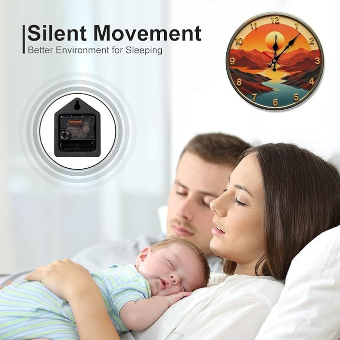 Wall Clock， Sunset Landscape Non Ticking Wall Clocks Battery Operated， Teal Wooden Wall Clocks for Kitchen， Living Room， Bedroom， Office， Bathroom Decorative 25 * 25cm